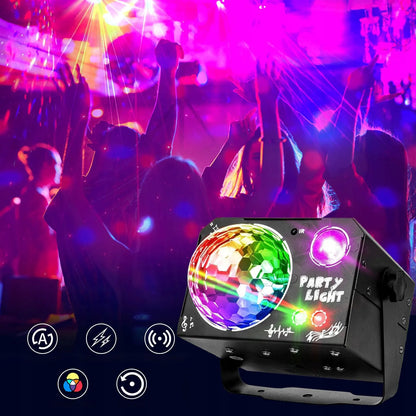 LED disko šviestuvas vakarėliams, RGB lazerio ir disko rutulio efektai, nuotolinio valdymo pultas, 4 viename