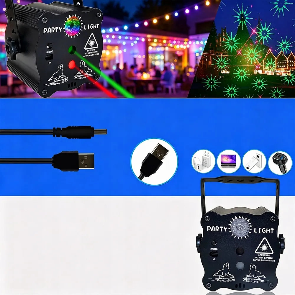 LED lazerinis projektorius USB diskotekų šviesos efektas 60 raštų