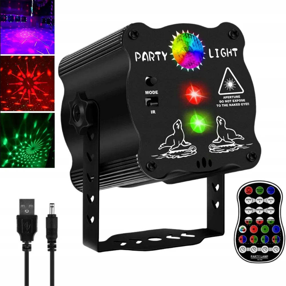 LED lazerinis projektorius USB diskotekų šviesos efektas 60 raštų