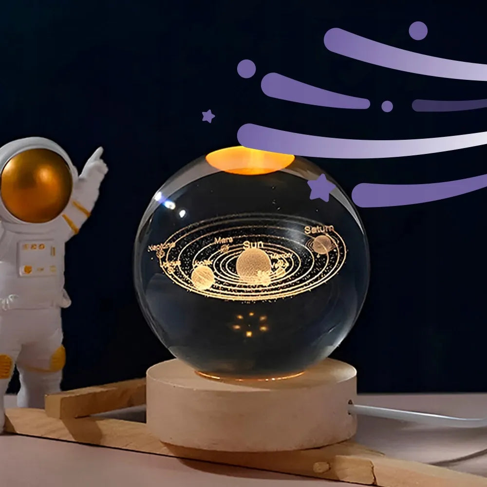 LED naktinė mini stalinė lempa, 3D stiklinis rutulys „Galaxy“, Saulės sistema, USB