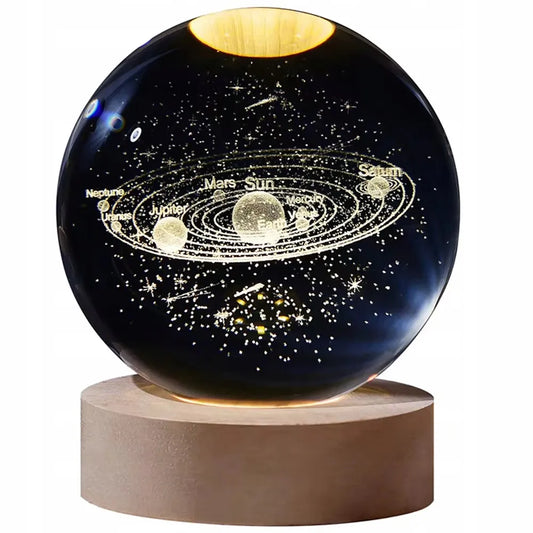 LED naktinė mini stalinė lempa, 3D stiklinis rutulys „Galaxy“, Saulės sistema, USB