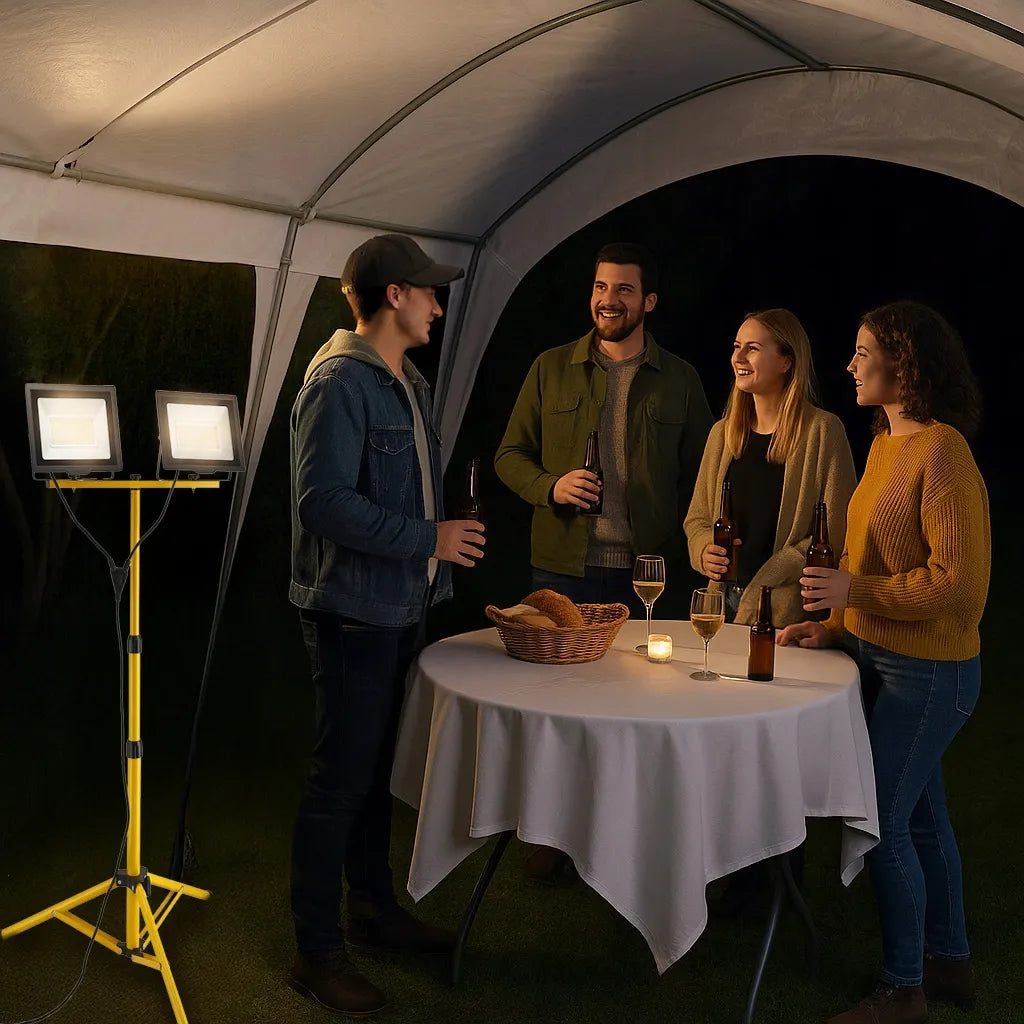 LED prožektorius 2x 100W su statyvu, 200W, skirtas garažui ir remonto darbams