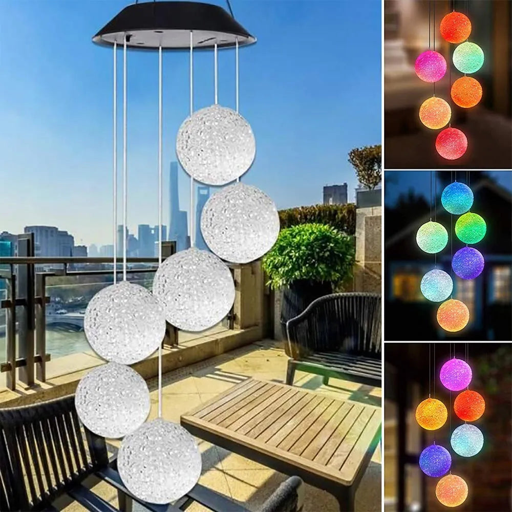 LED saulės energija maitinami vėjo varpeliai RGB spalvų kaita su 6 rutuliukais sodo dekoracija