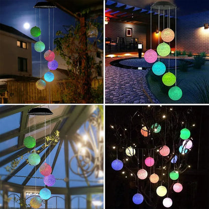 LED saulės energija maitinami vėjo varpeliai RGB spalvų kaita su 6 rutuliukais sodo dekoracija