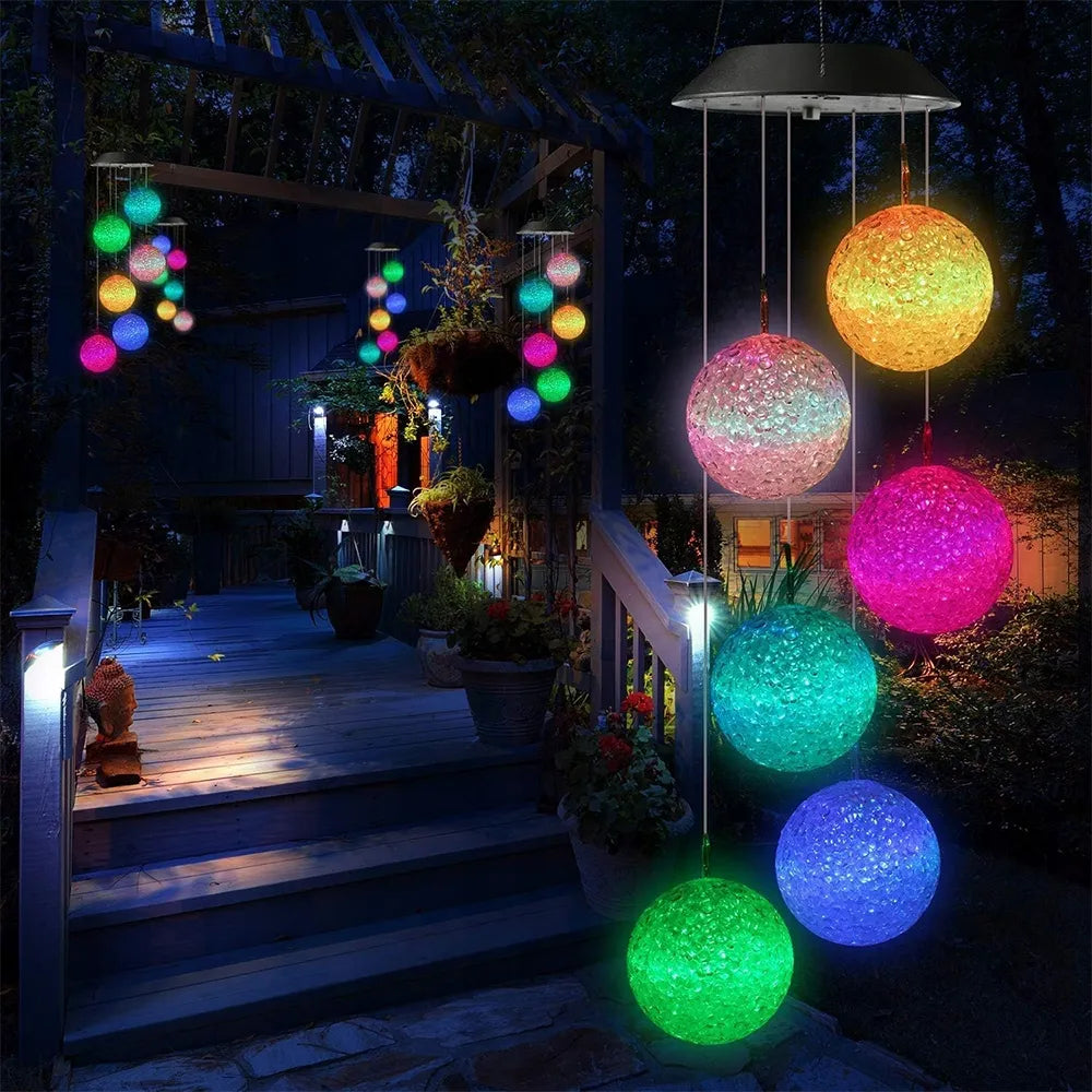 LED saulės energija maitinami vėjo varpeliai RGB spalvų kaita su 6 rutuliukais sodo dekoracija