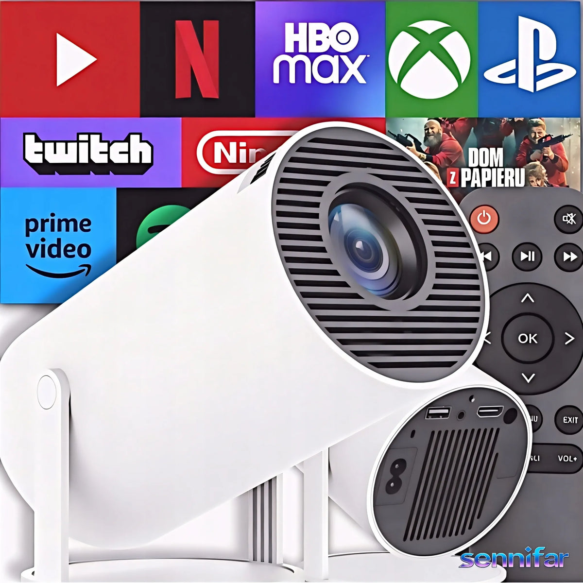 „ledrgb“ nešiojamasis „Android TV“ projektorius, 4K turinio palaikymas, „Wi-Fi“, „Full HD“, išmanusis garsiakalbis