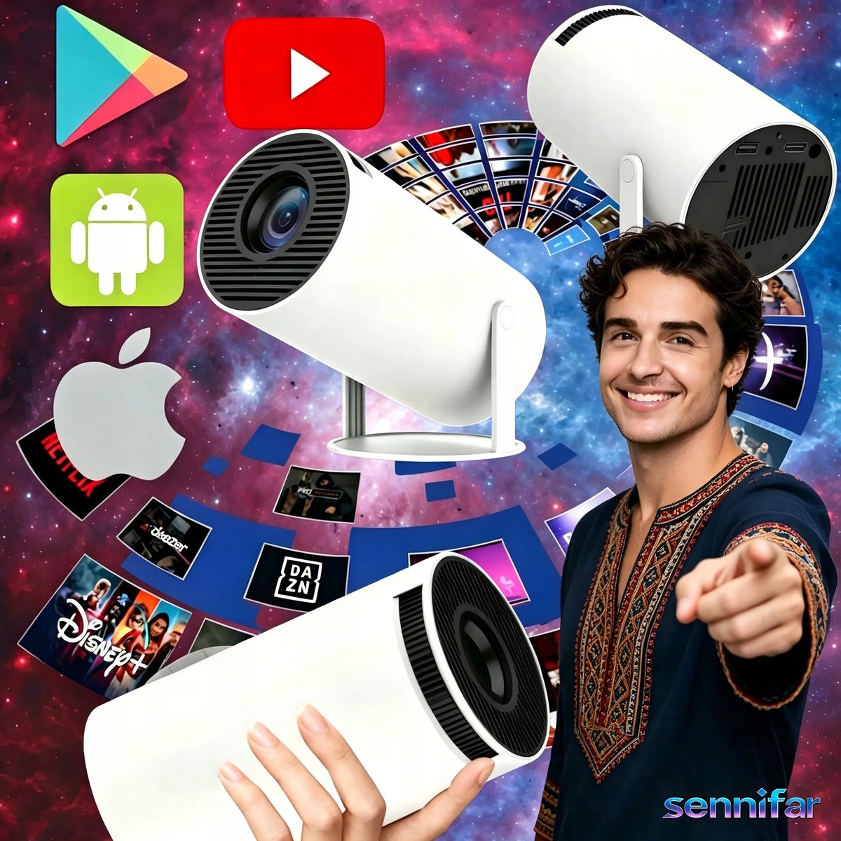„ledrgb“ nešiojamasis „Android TV“ projektorius, 4K turinio palaikymas, „Wi-Fi“, „Full HD“, išmanusis garsiakalbis