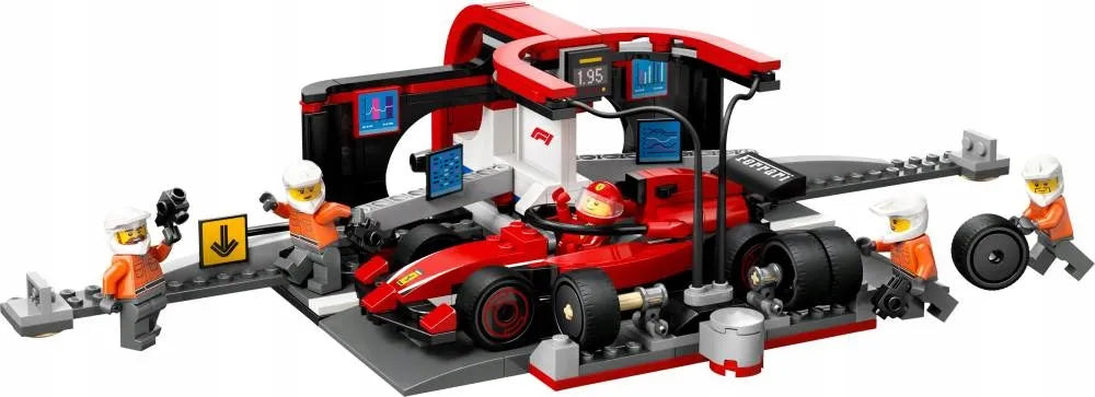 LEGO 60443 CITY F1 techninis aptarnavimas ir mechanikai su Ferrari bolidu