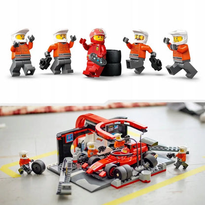 LEGO 60443 CITY F1 techninis aptarnavimas ir mechanikai su Ferrari bolidu