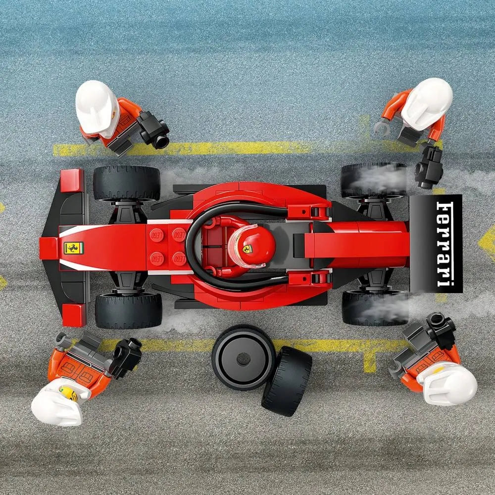 LEGO 60443 CITY F1 techninis aptarnavimas ir mechanikai su Ferrari bolidu