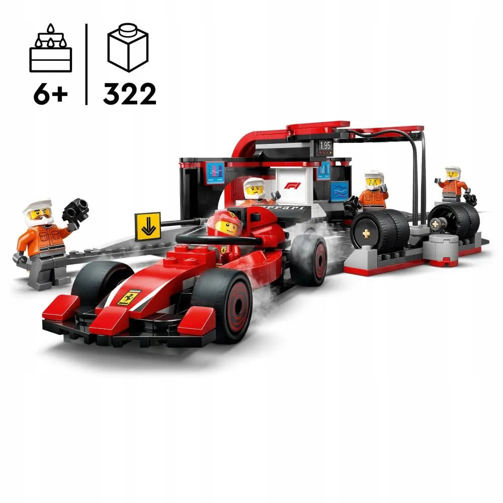 LEGO 60443 CITY F1 techninis aptarnavimas ir mechanikai su Ferrari bolidu
