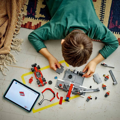 LEGO 60443 CITY F1 techninis aptarnavimas ir mechanikai su Ferrari bolidu
