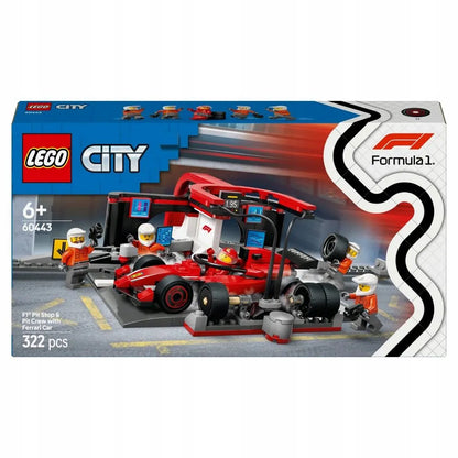 LEGO 60443 CITY F1 techninis aptarnavimas ir mechanikai su Ferrari bolidu