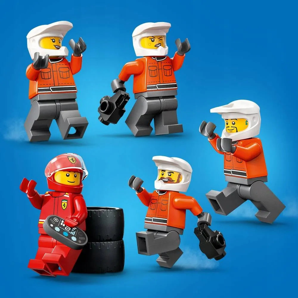 LEGO 60443 CITY F1 techninis aptarnavimas ir mechanikai su Ferrari bolidu