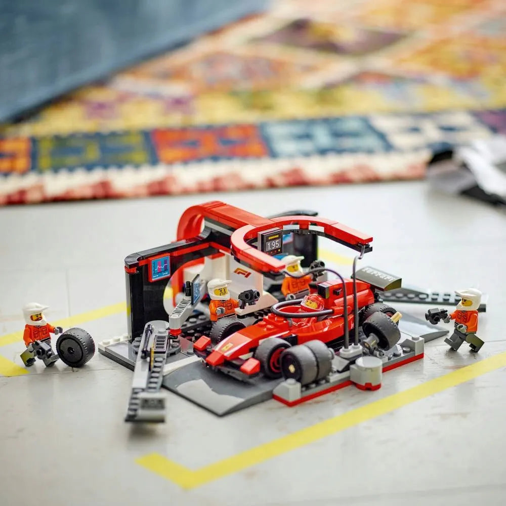 LEGO 60443 CITY F1 techninis aptarnavimas ir mechanikai su Ferrari bolidu