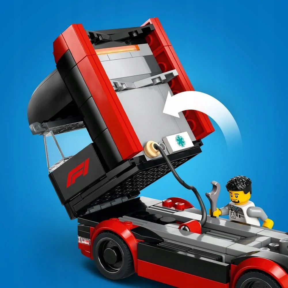 LEGO 60445 City F1 sunkvežimis su RB20 ir AMR24 F1 bolidais
