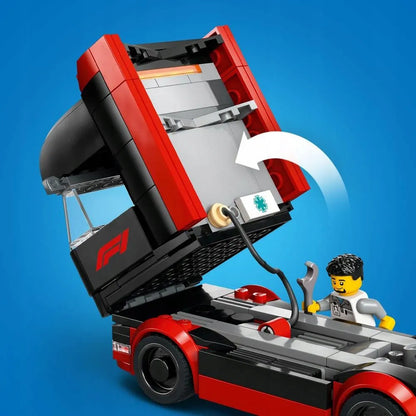 LEGO 60445 City F1 sunkvežimis su RB20 ir AMR24 F1 bolidais