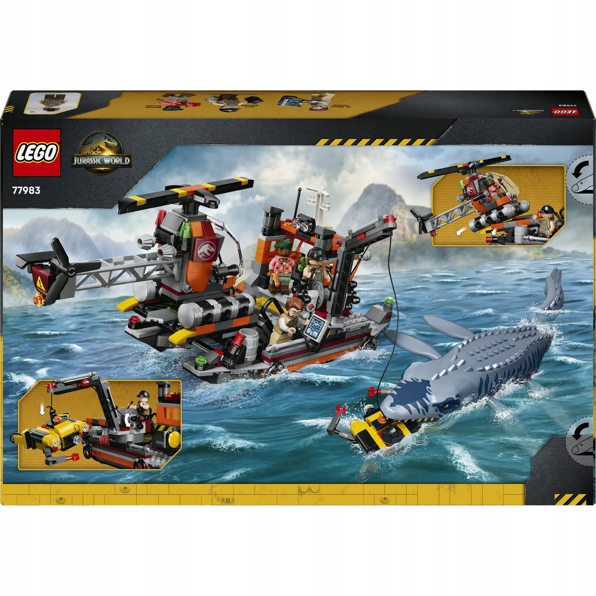 LEGO Jurassic World 77983 Mozazauro ataka prieš valtį – dinozauras, valtis, sraigtasparnis