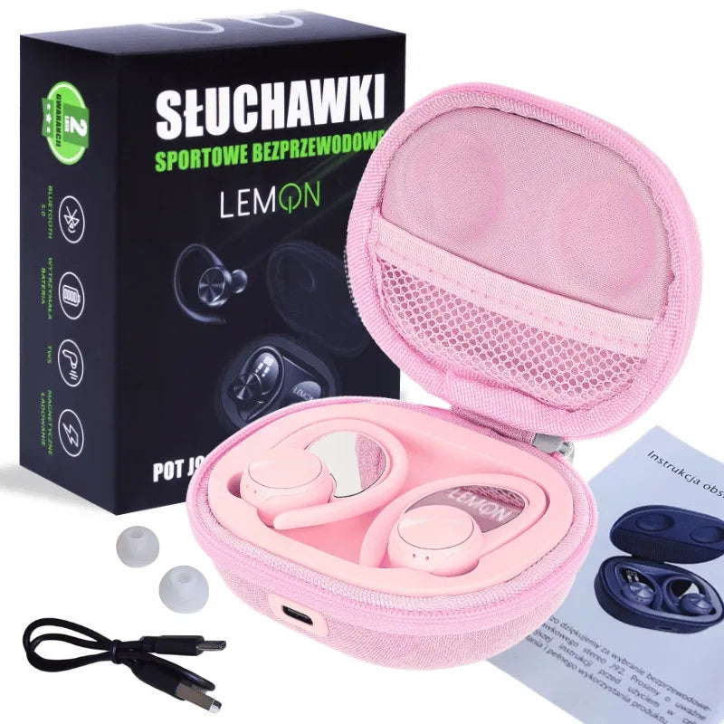 LEMON rožinės sportinės belaidės „Bluetooth“ į ausis įstatomos ausinės su įkrovimo dėklu