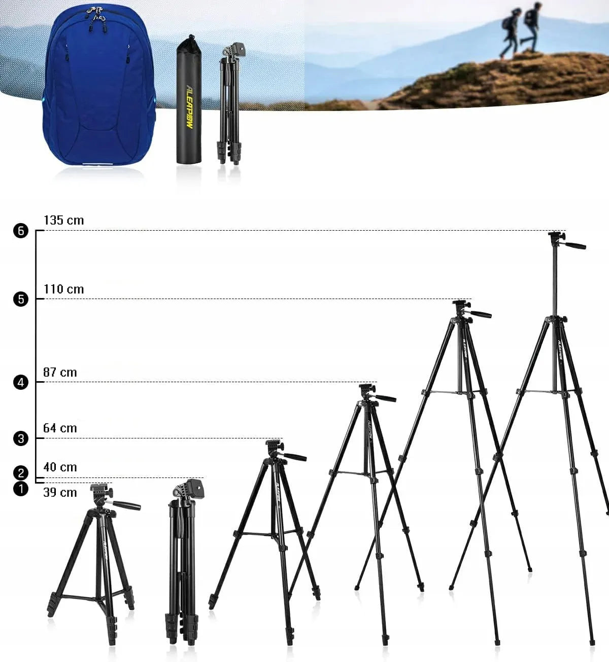 Lengvas aliumininis trikojis 39-135 cm 0,5 kg 3in1 + BT nuotolinio valdymo pultas, telefono laikiklis + krepšys
