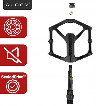 Lengvi aliumininiai platforminiai MTB ir turistinių dviračių pedalai Alogy RideForce, juodi