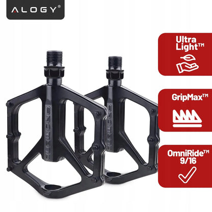 Lengvi aliumininiai platforminiai MTB ir turistinių dviračių pedalai Alogy RideForce, juodi