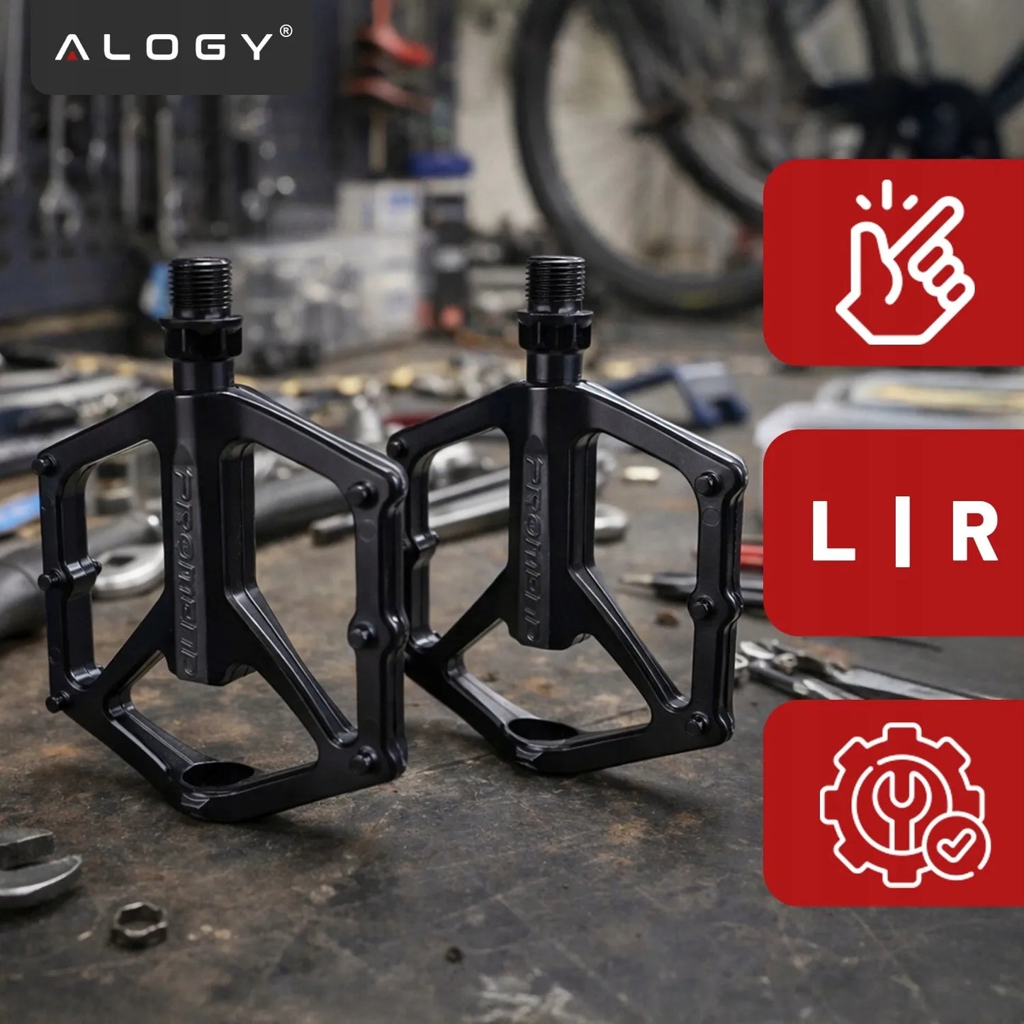 Lengvi aliumininiai platforminiai MTB ir turistinių dviračių pedalai Alogy RideForce, juodi