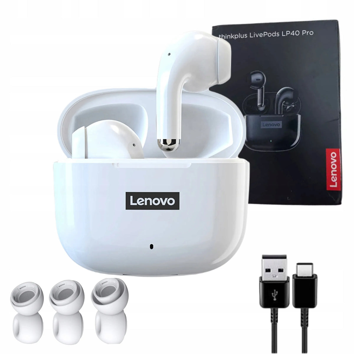 „Lenovo LP40 PRO“ baltos belaidės ausinės į ausis, IPX5, „Bluetooth 5.1“