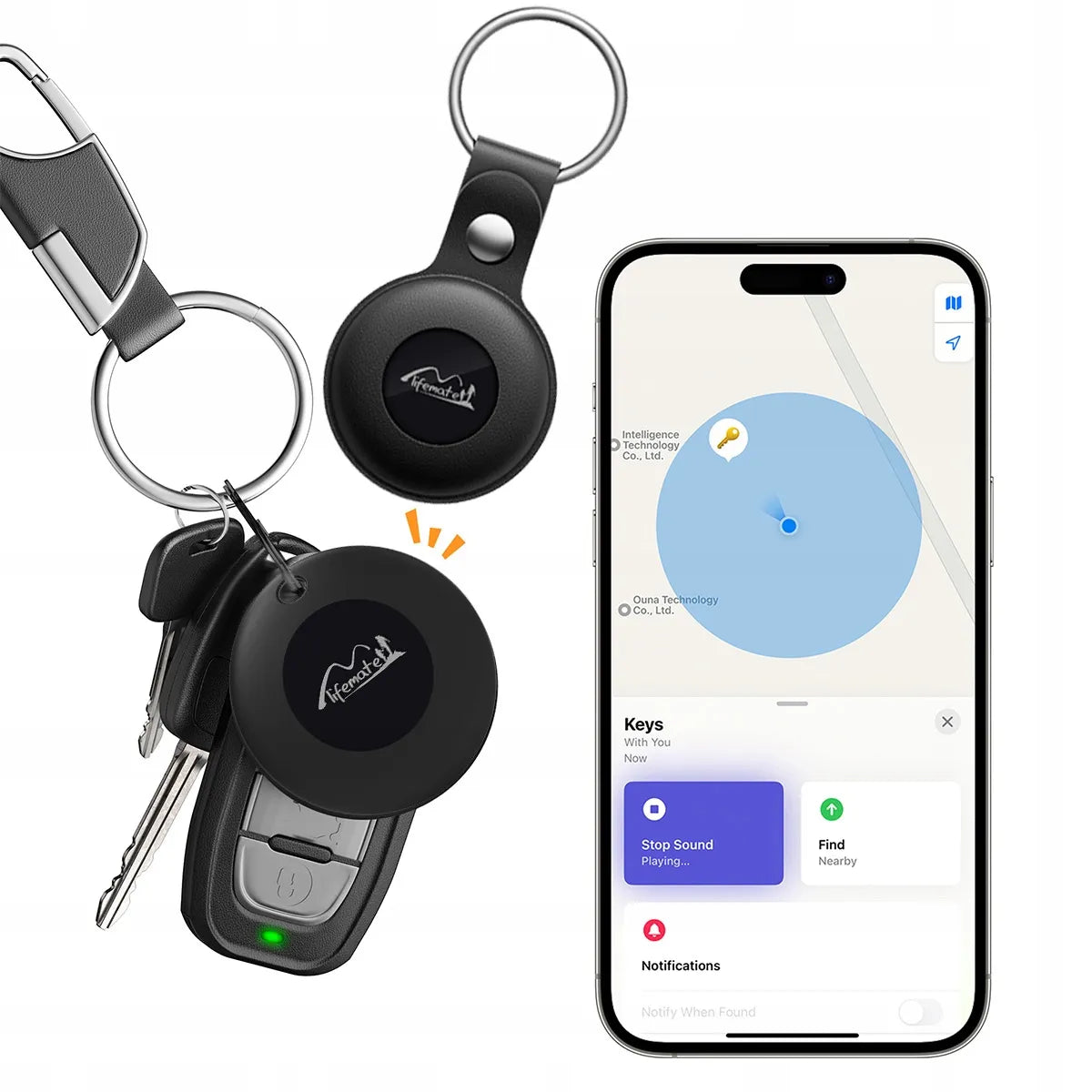 Lifemate Life Tag GPS ieieškiklis raktams, dviračiui, automobiliui, šuniui su dėklu, skirtas Apple iPhone