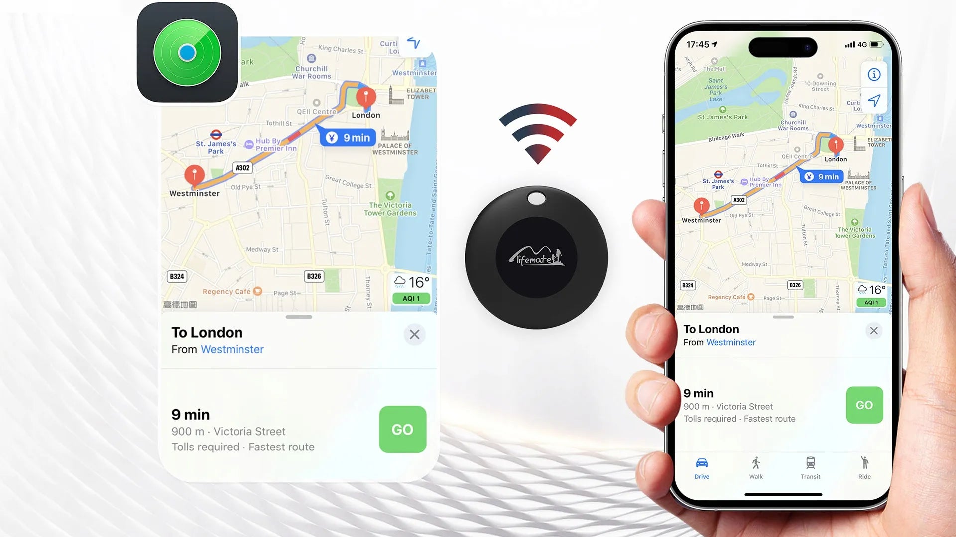 Lifemate Life Tag GPS ieieškiklis raktams, dviračiui, automobiliui, šuniui su dėklu, skirtas Apple iPhone