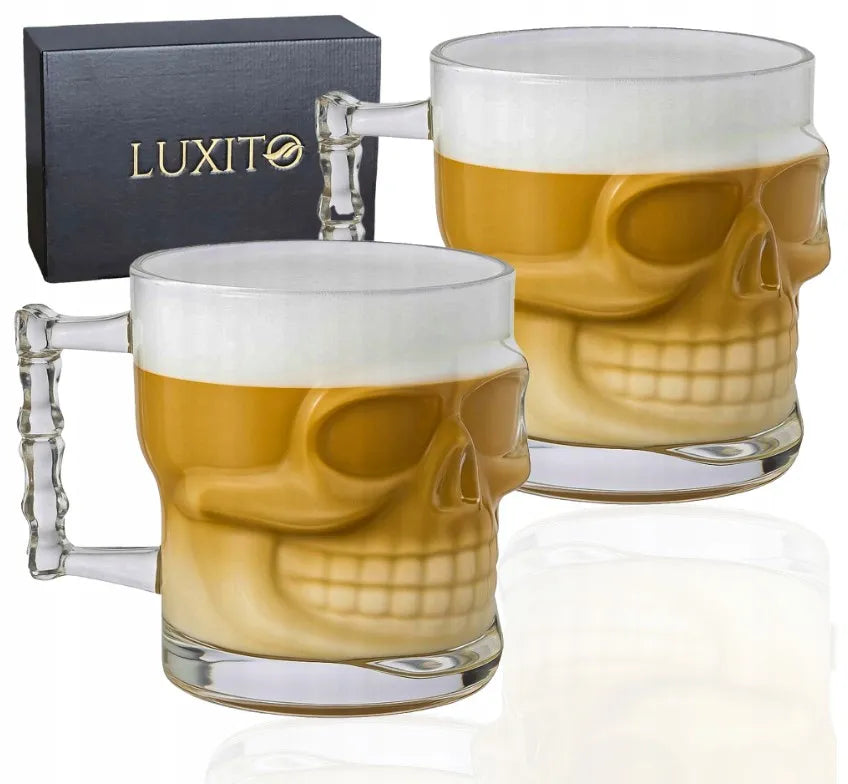 LUXITO stiklinės puodeliai kavai ir arbatai su ąsele, kaukolės dizainas, 300 ml, 6 vnt. komplektas