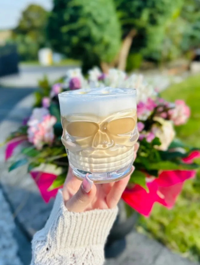 LUXITO stiklinės puodeliai kavai ir arbatai su ąsele, kaukolės dizainas, 300 ml, 6 vnt. komplektas