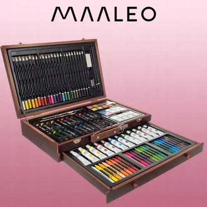 „Maaleo“ piešimo rinkinys lagaminėlyje, 129 dalių, medinis lagaminėlis, 21644