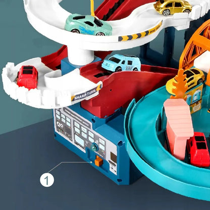 MalPlay dinozaurų lenktynių trasa su elektriniu keltuvu, tuneliu ir 4 automobiliais