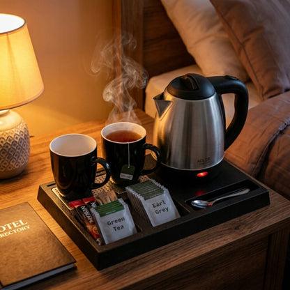 Mažas elektrinis virdulys 1,2 l 1500 W belaidis viešbučio komplektas su padėklu ir 2 puodeliais