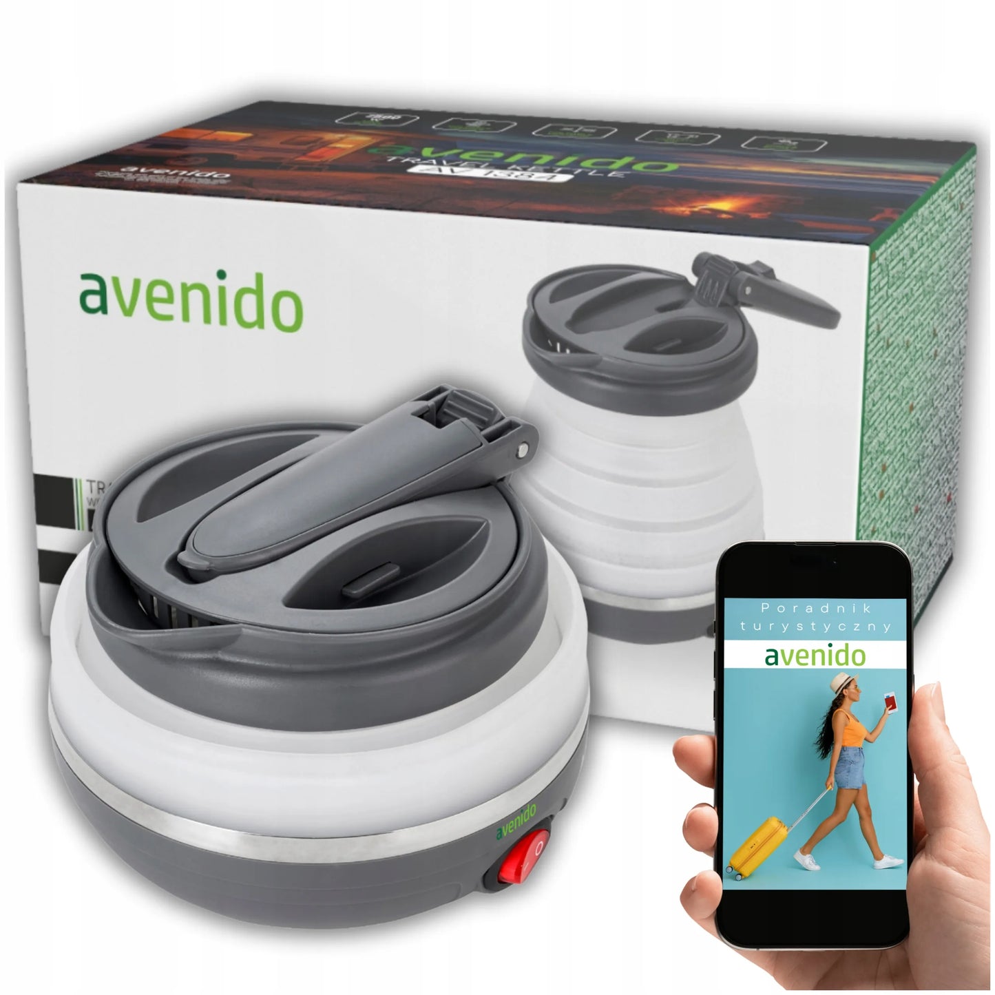 Mažas sulankstomas kelioninis elektrinis virdulys, silikoninis, 600 ml, 750 W, su krepšeliu