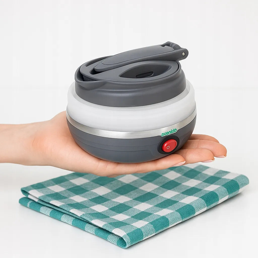 Mažas sulankstomas kelioninis elektrinis virdulys, silikoninis, 600 ml, 750 W, su krepšeliu