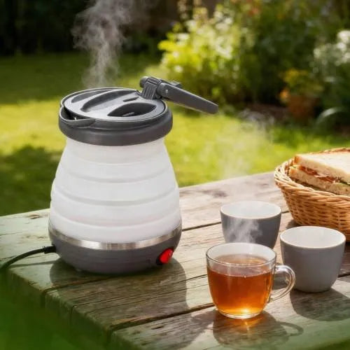 Mažas sulankstomas kelioninis elektrinis virdulys, silikoninis, 600 ml, 750 W, su krepšeliu