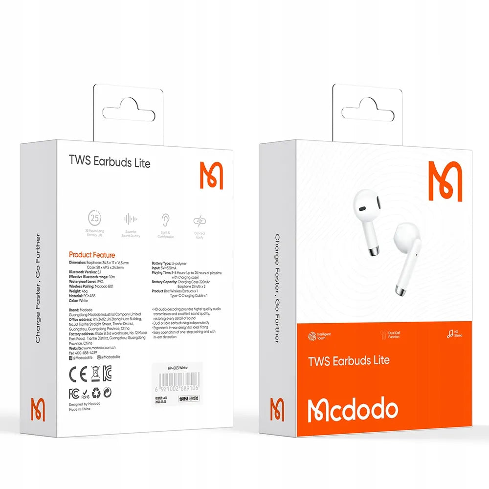 „Mcdodo Earbuds Lite“ belaidės į ausis įstatomos ausinės, „Bluetooth 5.3“, su mikrofonu, baltos