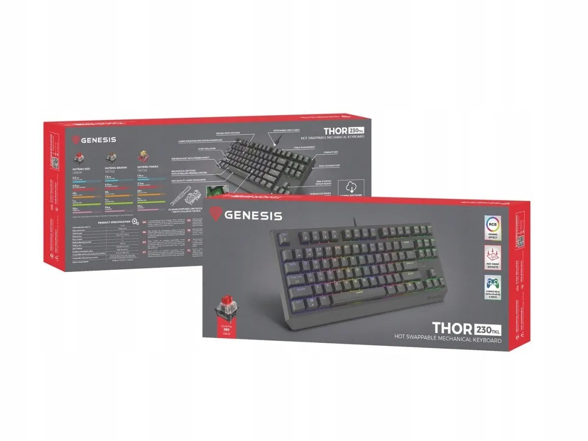 Mechaninė žaidimų klaviatūra Genesis Thor 230 TKL, US QWERTY, RGB, Outemu Red, juoda