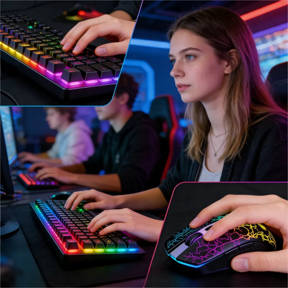 Mechaninė žaidimų klaviatūra su LED apšvietimu ir belaidė RGB pelė, rinkinys