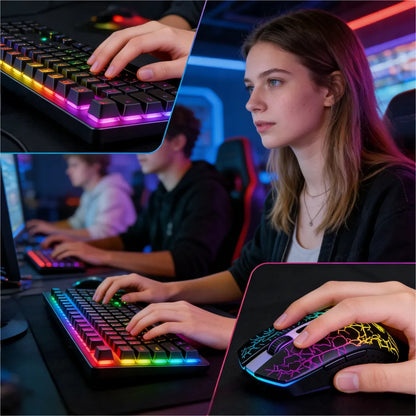 Mechaninė žaidimų klaviatūra su LED apšvietimu ir belaidė RGB pelė, rinkinys