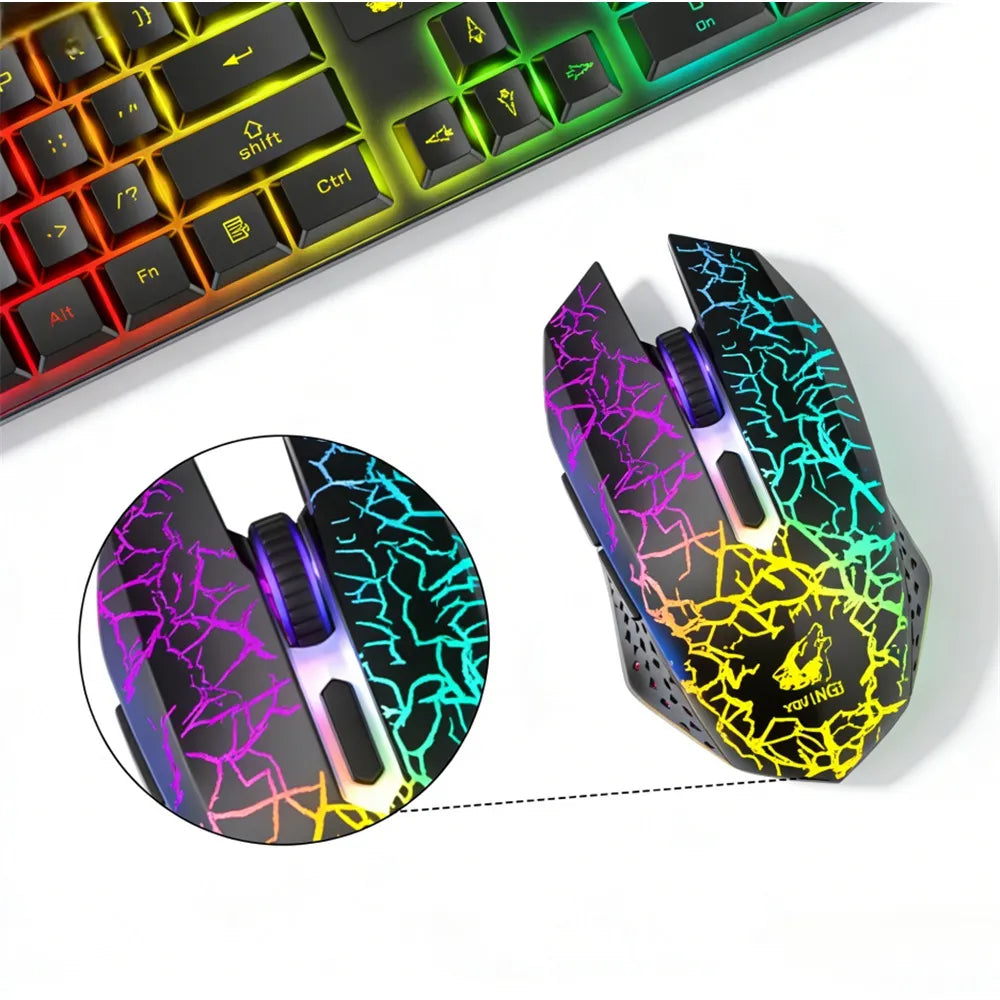 Mechaninė žaidimų klaviatūra su LED apšvietimu ir belaidė RGB pelė, rinkinys