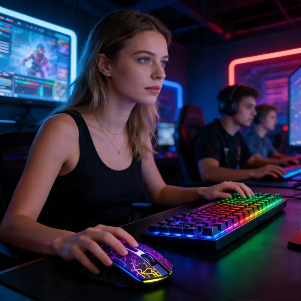 Mechaninė žaidimų klaviatūra su LED apšvietimu ir belaidė RGB pelė, rinkinys