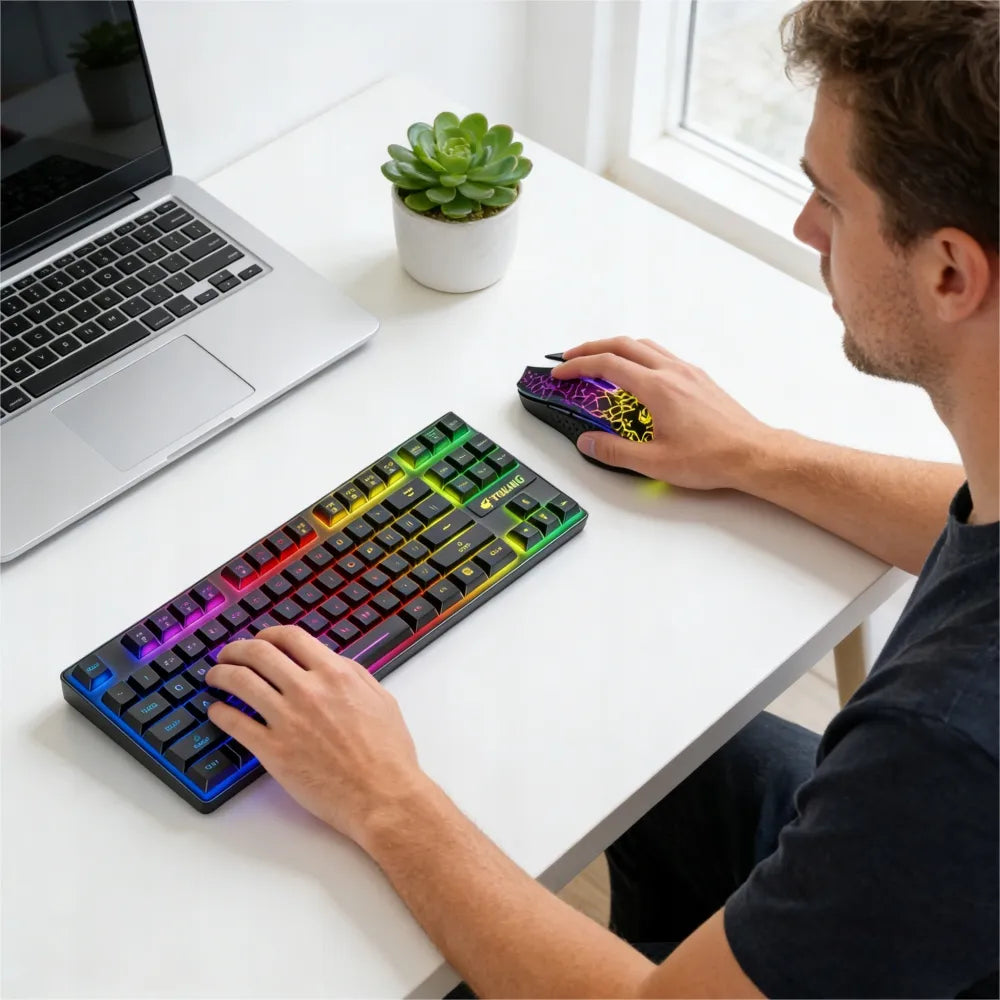 Mechaninė žaidimų klaviatūra su LED apšvietimu ir belaidė RGB pelė, rinkinys