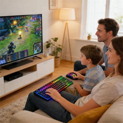 Mechaninė žaidimų klaviatūra su LED apšvietimu ir belaidė RGB pelė, rinkinys