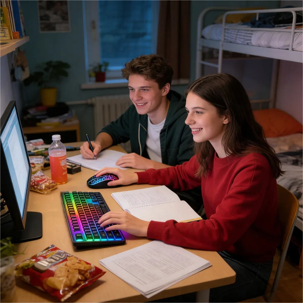Mechaninė žaidimų klaviatūra su LED apšvietimu ir belaidė RGB pelė, rinkinys