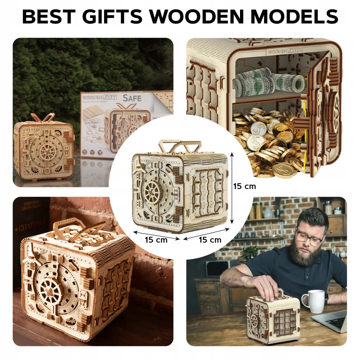 Medinė 3D dėlionė – seifo ir taupyklės modelis su PIN kodu Wooden.City