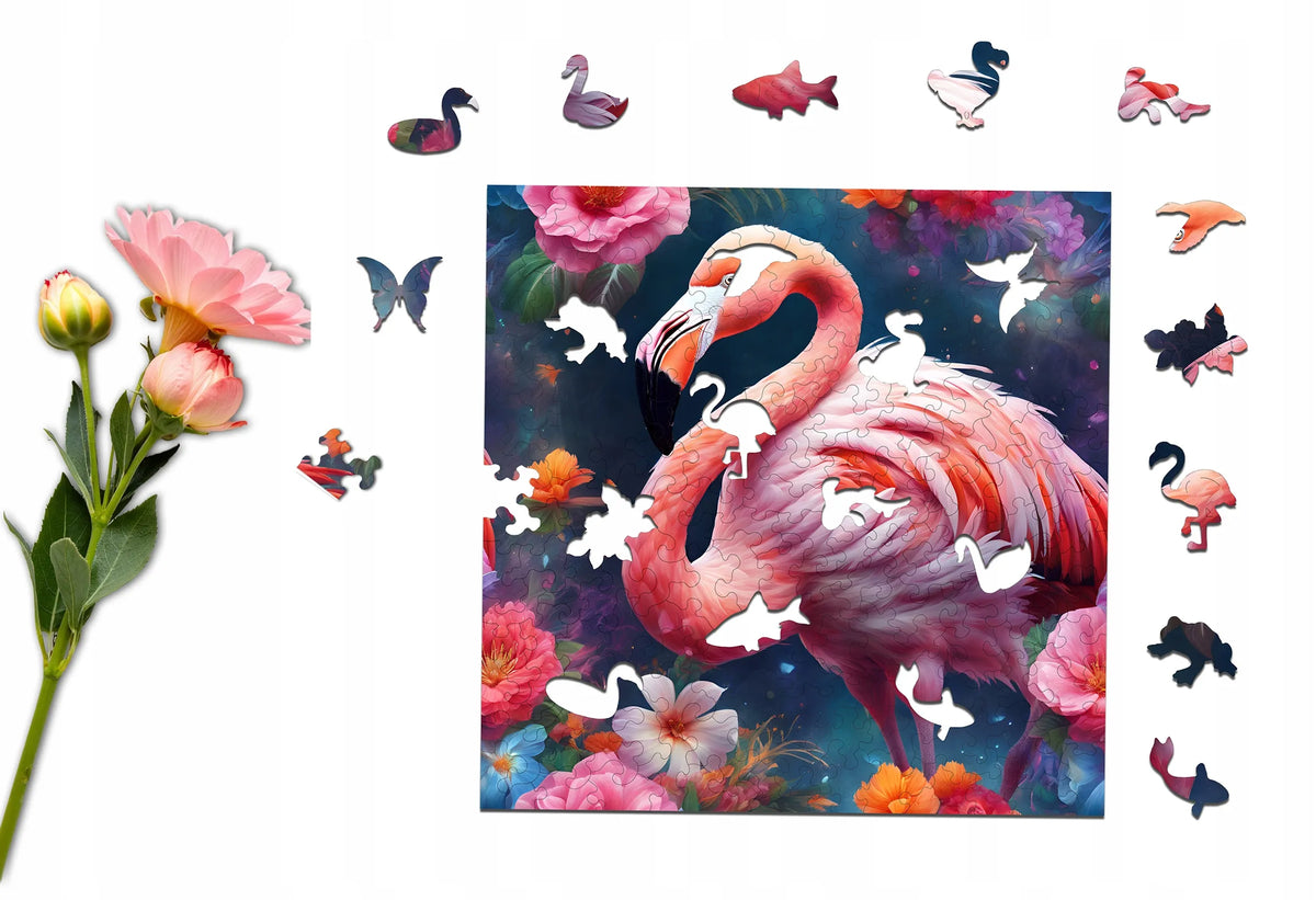 Medinė dėlionė „Flamingas“, 155 detalių, „PUZZLED“ eko-HDF, išskirtinės formos