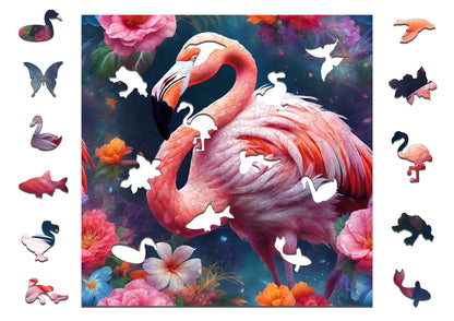 Medinė dėlionė „Flamingas“, 155 detalių, „PUZZLED“ eko-HDF, išskirtinės formos